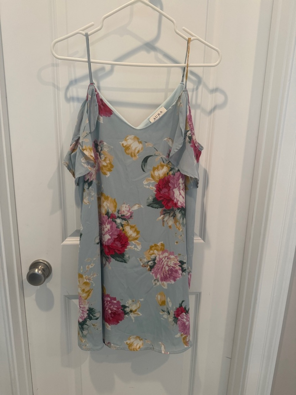 Aura Light Blue Floral Cold-Shoulder Slip Dress